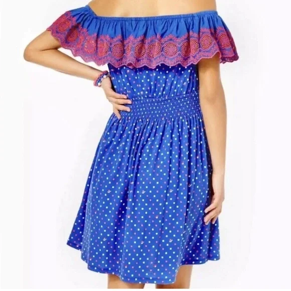 NWT Lilly Pulitzer XS Off The Shoulder Blue Pink Embroidered Kalama Mini Dress - Picture 6 of 11